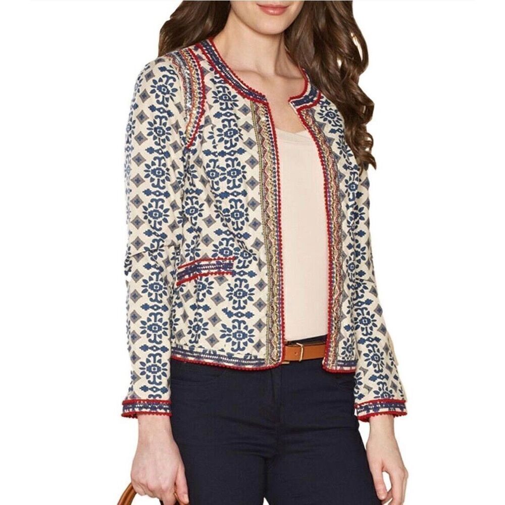 Indigo Moon Tan and Blue Patterned, Embellished Jacket, Size M, NWT